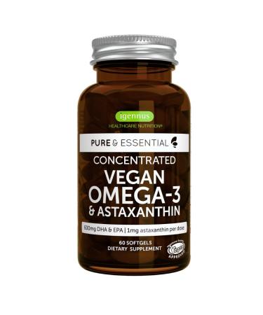 Pure & Essential Vegan Omega 3, High Concentration EPA DHA Algae Oil, Sustainable & Pure, Plus Astaxanthin, 600mg DHA & EPA for Heart, Brain & Eye Health, 60 Small Softgels 60 Count (Pack of 1)