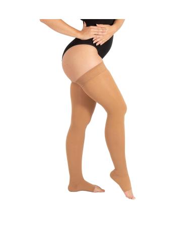 RIEMTEX PREMIUM compression stockings class 2 CCL2 23-32 mmHg with open toe thigh highs women men caramel size 4