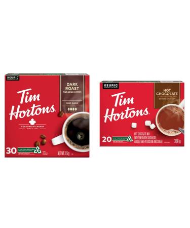 Tim Hortons Dark Roast Coffee Single Serve Keurig K Cup Pods 30 Count & Hot Chocolate Recyclable Single Serve Keurig K-Cup Pods 20 Count Dark Roast + Hot Chocolate 20 Count Dark Roast 30 Count (Pack of 1)