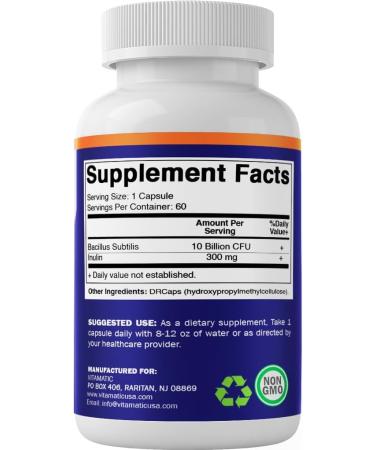 Vitamatic Bacillus Subtilis 10 Billion per DR Capsule - 60 Count - Digestive Gut & Immune Health Support - Made with Prebiotic Inulin Fiber-2 Pack - Buy Online on GoSupps.com