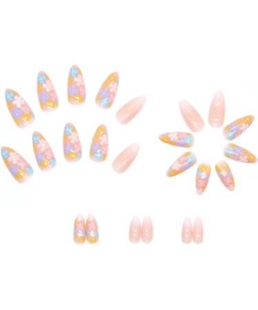 24Pcs Medium Almond Flower Press on Nails - Glossy French Tip False Nails with Elegant Design for Women and Girls - Buy Online on GoSupps.com