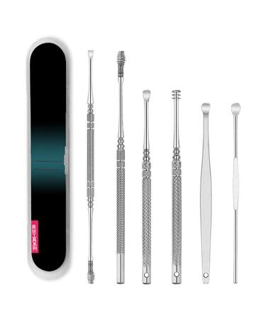 Ear 6Pcs Remover Spoon Wax Clean Cleaner Ear Earpick Curette Tool Beauty Tools Eye Roller for Puffy Eyes And Dark Circles One Size Silver