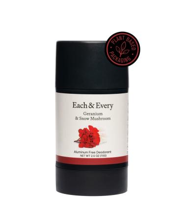 New Each & Every Natural Aluminum-Free Deodorant for Sensitive Skin with Essential Oils, Plant-Based Packaging, 2.5 Oz. (Geranium & Snow Mushroom, 2.5 oz Full Size)