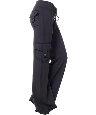 Women's High Waist Casual Workout Wide Leg Cargo Pants with Pockets Button Fashion Stretch Leggings Gym Sweatpants Black Medium
