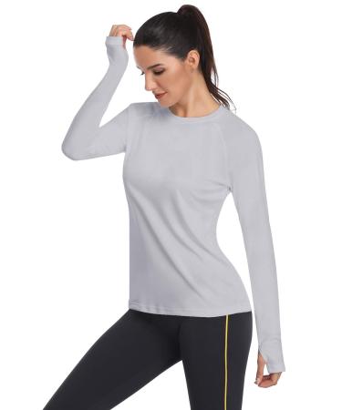 HISKYWIN Women's UPF 50+ Sun Protection Long Sleeve Shirts Outdoor Hiking Fishing Tops Long Sleeve-light Gray Small
