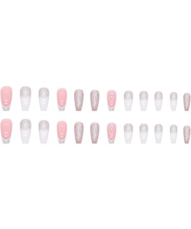 JUSTOTRY 24 Pcs Long Pink French Press on Nails with Glitter Jewels - Acrylic Coffin False Nails for Women - Medium Size with Glue - Nail Art Diamonds - Buy Online on GoSupps.com