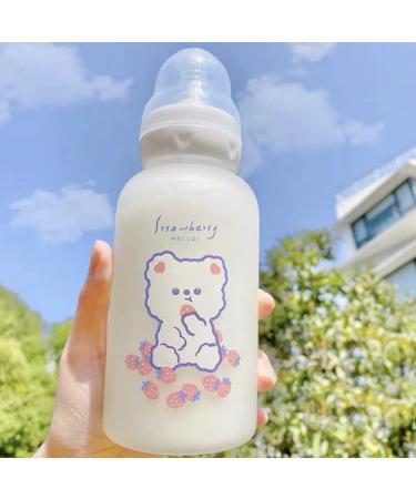 Strawberry Bear Glass Water Bottle with Nipple Sippy 11oz Kawaii Water Bottle for Teen Girls Adults Toddler School Sports Office Cute Frosted Borosilicate Drinking Bottle Portable Water Jug (A)