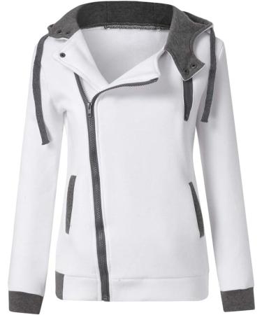 Bigfanshu Women's Oblique Zipper Slim Fit Hoodie Jacket Long Sleeve Blouse Coat Sweatshirt Folded Neck Pocket White - Buy Online on GoSupps.com