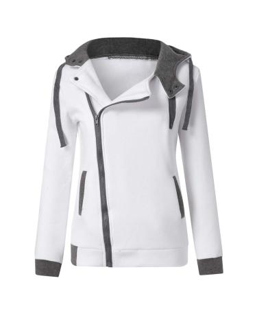 Bigfanshu Women's Oblique Zipper Slim Fit Hoodie Jacket Long Sleeve Blouse Coat Sweatshirt Folded Neck Pocket White