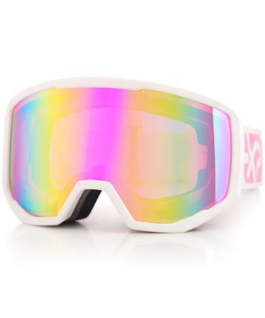 EXP VISION Ski Goggles Snowboard for Men Women, OTG Anti Fog UV Protection Snow Goggles A-white Frame Pink