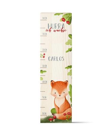 Gravure line bar for children made of wood - animal group forest - with names for children's room - scale measures 80-140 cm - size 20 x 70 x 2 cm - gift for birth for girls & boys - fox