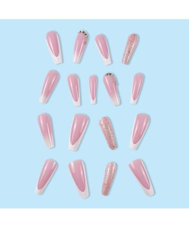 French Tip Press on Nails - Long Ballet Press On Nails with Nail Tips Colorful glitter powder Drill chain Design Gradient Pink press on nails Acrylic False Nails Cute Artificial Nails - Buy Online on GoSupps.com