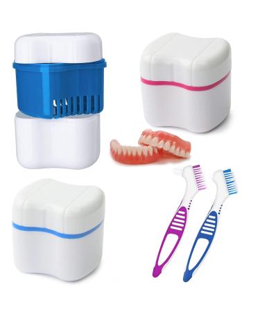 Press storage box 2 pieces of prostheses container prosthesis cup prosthetic box set prosthesis box with basket with 2 prostheses cleaner brushes for false teeth storage cleaning 2 PCs