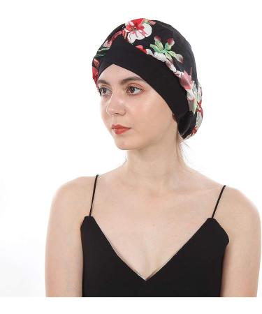 DuoZan Women's Satin Turban Elastic Wide Band Bonnet - Black Flower | Soft Silky Night Sleep Hat for Hair Loss - Buy Online on GoSupps.com