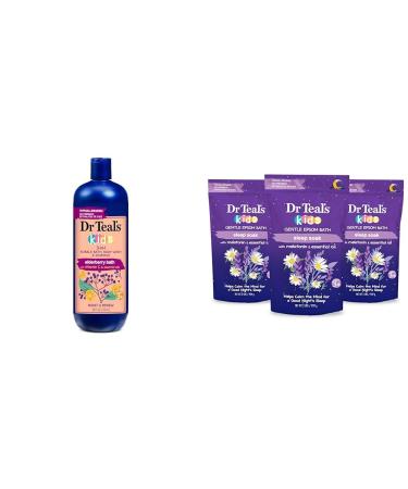 Dr Teal's Kids 3-in-1 Elderberry Bath: Bubble Bath Body Wash & Shampoo 20 fl oz. & Kids Gentle Epsom Salt Sleep Soak with Melatonin & Essential Oil Blend 2 lbs (Pack of 3)