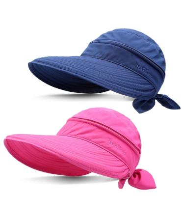 Yamitora 2 pieces of sun hat for women sun protection beach hat with zipper summer hat Broad clamp UV protection sun hat removable visor cap hat outdoor for golf travel hiking sightseeing marine blau and rose red polyester
