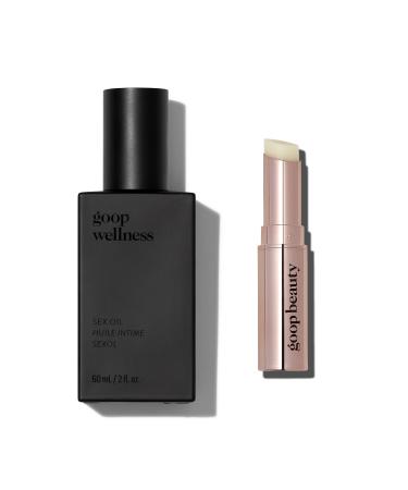 goop Beauty Lip Balm and Massage Oil Bundle | 1 Clear Moisturizing Lip Balm for Chapped Cracked & Dry Lips | 2 fl oz of Mess Free Oil for a Couples Massage or Self Care | Gift Set