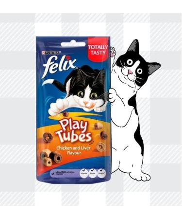 AETN Creations Felix Play Tubes Cat Treat Bundle Pack 8x50g Pouches Chicken and Liver Flavour plus AETN Chicken Stripes Treat Tasty Delicious Snack - Buy Online on GoSupps.com