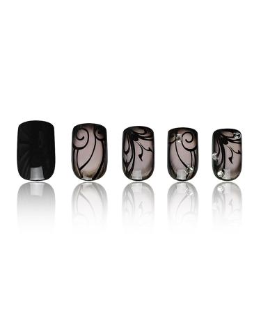 Black Curve Line Press on Nails - Glossy Black Medium Square False Nails with Dark Vine Design & Rhinestones | 24Pcs Gel Glue On Acrylic Manicure Art for Women & Girls - Buy Online on GoSupps.com