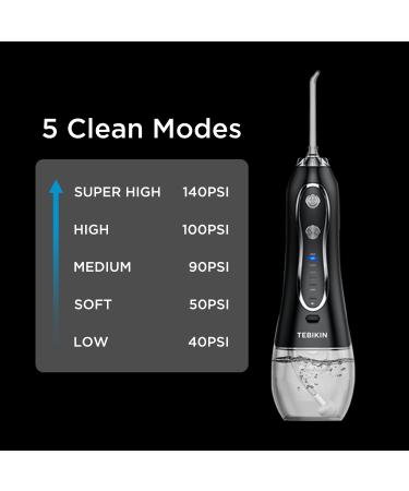TEBIKIN Cordless Water Flosser Portable Dental Professional Oral Irrigator - 5 Levels, 5 Tips, IPX7 Waterproof - Travel Water Teeth Cleaner - 300ML - Black - Buy Online on GoSupps.com