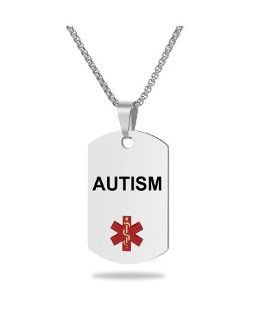 Medical Alert ID Necklace, Laser Engraved Autism, Stainless Steel Tag Pendant with 23.6 inch Chain for Men Women Kids Silver AUTISM