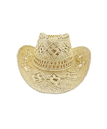Women Straw Cowboy Hats, Sparkly Western Cowgirl Hat for Holiday Party, Foldable Vacation Beach Sun Hat with Wide Brim Beige
