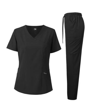 Dagacci Medical Uniform Women's Scrub Set 4-Way Stretch Y-Neck Stitch Tape Top and Pants Small 4-way Stretch - Black