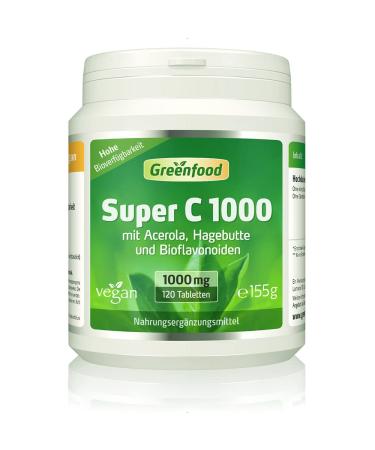 Super C 1000 mg vitamin C high dose 120 tablets - with acerola rose hips and bioflavonoids.For a strong immune system.Protects the cells.Without artificial additives.Vegan.120 g (1 Pack)