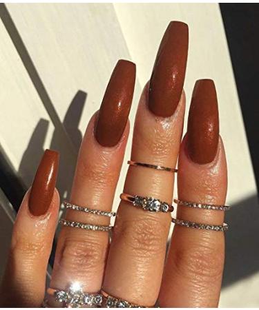 Brishow long artificial nails ballerina false nails pure color acrylic press the nails full cover stick on the nails 24 pieces for women and girls (brown)