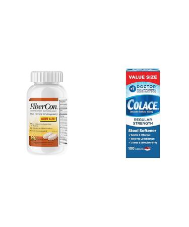Fibercon Fiber Therapy Coated Caplets Safe Simple & Comfortable Insoluble Fiber & Colace Regular Strength Stool Softener 100 mg Capsules 100 Count Docusate Sodium Stimulant-Free 140 Count (Pack of 1) Caplets + Softener