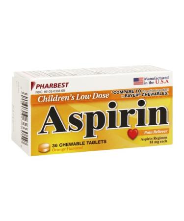 PHARBEST Aspirin Low Dose 81mg Each Chewable 36 Count Bottle Orange Flavor