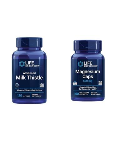 Life Extension Advanced Milk Thistle 120 Softgels and Magnesium 500mg Capsules for Liver Health Detox Support Heart Health and Healthy Bones