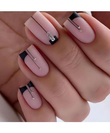 Mouyouglow Press on Nails Kurz Square Pink Nude Rosa Schwarz French Strass Fake Nails Art Nails with nail glue geometric design artificial fingernails F59