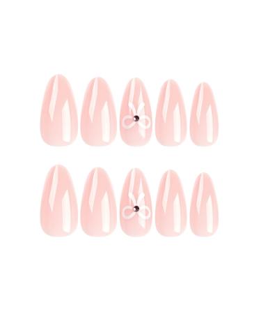 Light Pink Press On Nails | Short Almond Glossy Fake Nails | Full Cover False Nails with White Bows | 24 Pcs Nude Acrylic Nail Art for Women & Girls - Buy Online on GoSupps.com
