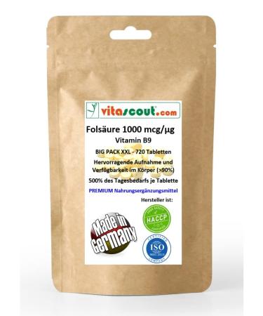 Folic acid 720 tablets each 1000mcg - folic acid - vitamin B9 500% of the daily requirement per tapl. Vegan - without magnesium stear - made in germany