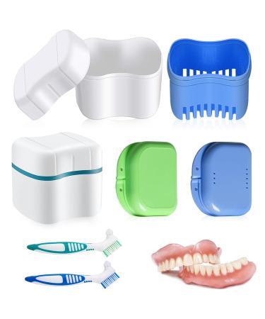 MIIKUU 6 pieces of prosthesis case set denture container with double brush head prosthesis box braces brick box with sieve prostheses case for false teeth and toothprten storage cleaning