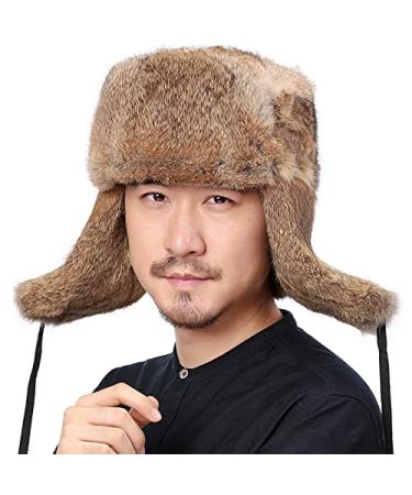 Valpeak Mens Fur Hat Rabbit Fur Russian Ushanka Hats Earflap Trapper Hat for Winter Brown X-Large