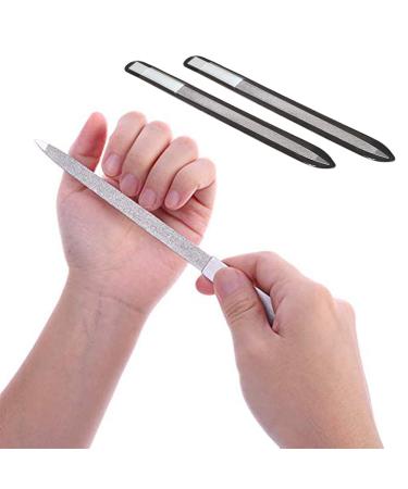 Diamond Nail File 2 Pack 7 inch Stainless Steel Double Sided File Buffer for Gentle Precise Nail Shaping with Anti-Slip Handle and Case Washable Metal Nail File for Nail Art Care Pedicure Manicure