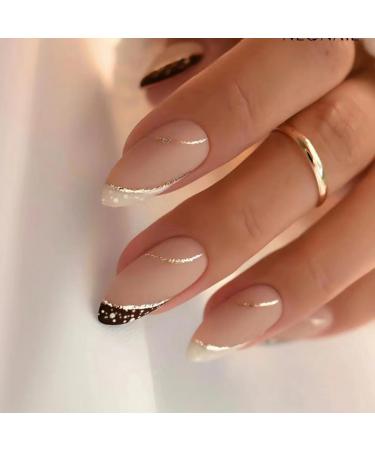 Nails Press Ons Almond Shape Press On Nails Medium Aesthetic Reusable Nail With Designs Nude & Gold Acrylic Fake Nails With Glue For Women M001 Nude1