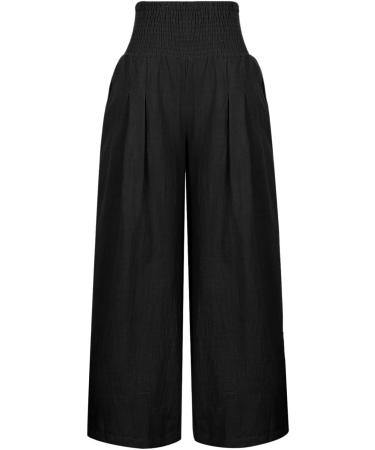 Bidobibo High Waisted Linen Palazzo Pants for Women - Boho Casual Trousers with Pockets | Beach Lounge Wear | Black, Medium - Buy Online on GoSupps.com