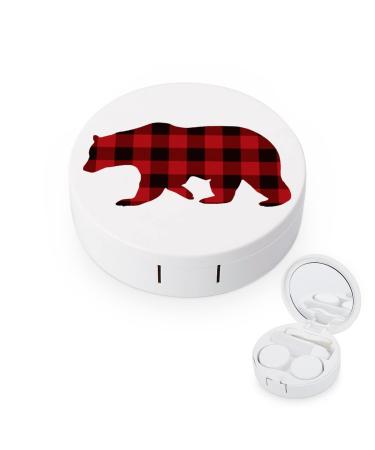 Red Plaid Bear Round Case For Contact Lens Kit Storage Box with Mirror Printed