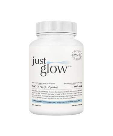 Just Glow NAC (N-Acetyl-L-Cysteine) 600mg - 250 Capsules | NAC Supplement | Pure NAC 600mg Capsule for Antioxidants | Maintenance of Good Health | Made in Canada | 250 Vegetable Capsules 250 count (Pack of 1)