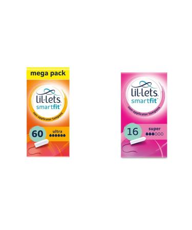 Lil-Lets Non-Applicator Ultra Tampons X 60 | 6 Packs of 10 | Extremely Heavy Flow & Smartfit 16 Non-Applicator Tampons Super 16 Count (Pack of 1) + Tampons Super 16 Count