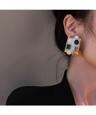 Minzaos BETHNISIER Baroque Pearl Gemstone Earrings Vintage Chunky Earrings U Hoop Earrings 925 Silver Needle Earrings Jewelry for Party Wedding Earrings for Women Girls (White)
