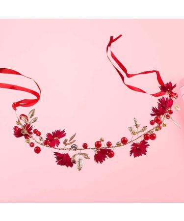 Amosfun Elegant Red Flower Wedding Bridal Headband - Handmade Crystal Ribbon Headdress for Bride Bridesmaid - Buy Online on GoSupps.com