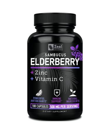 Max Strength Elderberry Capsules + Zinc + Vitamin C | 500mg for Immune System Support with Black Sambucus Elderberry | 100 Count | 3-in-1 Immune Support for Adults