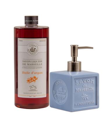 Maison Du Savon De Marseille Argan oil liquid soap with blue ceramic soap dispenser 1 liter refill and 300 milliliter dispenser