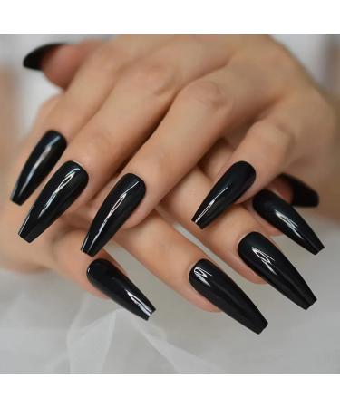 A N K 24 pieces Long Coffin Bellarine Tapered full coverage glossy false Nails Fake Arcylic press on nails hand manicure for women and girls (Black long tapered coffin ballerina)