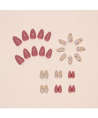 30 Pcs Reddish Brown Almond Press on Nails - BHLFRH Flower Design Full Cover Acrylic Fake Nails for Women & Girls - Perfect French Tips - Buy Online on GoSupps.com
