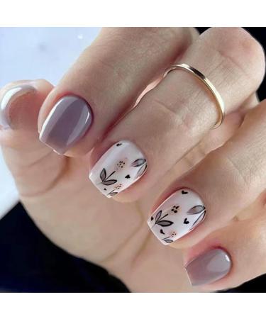 Square Press on Nails Short Fake Nails White False Nails with Retro Small Flower Press ons Designs Acrylic Nails Press on Artificial Nails Stick on Nails for Women 24Pcs Flower-2